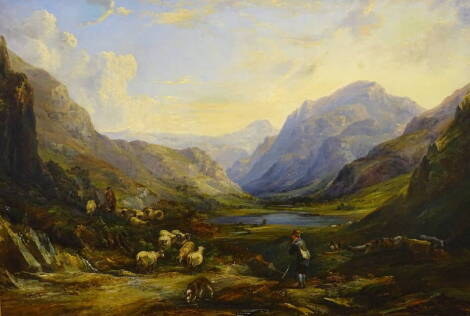 19thC British School. Mountain landscape with shepherd and gamekeeper, oil on canvas, 63.5cm x 89cm.