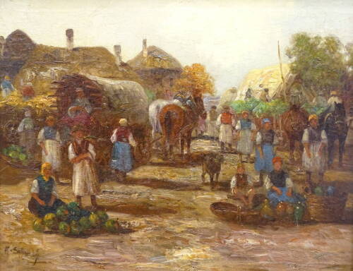 19thC Continental School. Figures in a market place, oil on canvas, indistinctly signed, 41cm x 52cm.