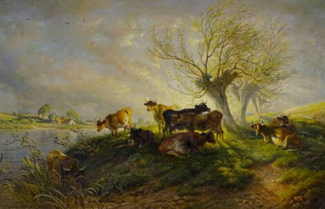 Thomas George Cooper (1836-1901). River landscape with cattle, oil on canvas, signed and dated 1898, 49.5cm x 75cm, label verso Thomas Wilson Sheffield.