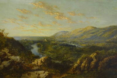 19thC Continental School. Extensive river landscape, oil on canvas, 73cm x 124cm.