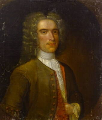 18thC School. Half length portrait of a gentleman in gold jacket, lace collar and wig, oil on canvas, 76cm x 63.5cm.