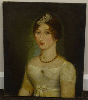 19thC British School Head and shoulders portrait of a young woman in a lace dress, 60.5cm x 50.5cm. - 2