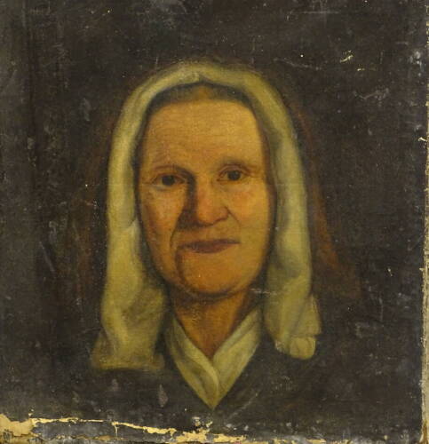 19thC School. Head and shoulders of a lady wearing a bonnet, oil on canvas, 45.5cm x 40.5cm.