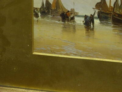 H. Walter. Coastal scene with fishing boats and figures, oil, signed, 17.5cm x 39cm. - 3