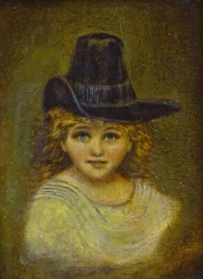 19thC British School. Head and shoulders portrait of a young woman wearing a hat, oil on board, 11.5cm x 8.5cm.