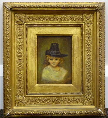 19thC British School. Head and shoulders portrait of a young woman wearing a hat, oil on board, 11.5cm x 8.5cm. - 2