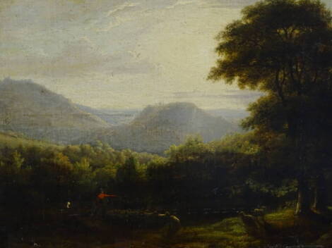 18thC/19thC School. Landscape with shepherd and sheep in the foreground, oil on canvas, 51cm x 61cm.