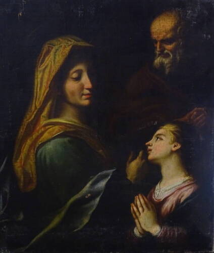 18thC/19thC School. Madonna with maiden looked over by Saint Jerome, oil on canvas, 77cm s 67cm.