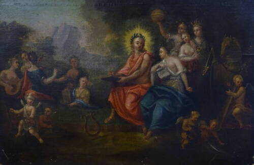 18thC/19thC School. Christ with maidens and cherubs in classical landscape, oil on canvas, 56cm x 83cm.