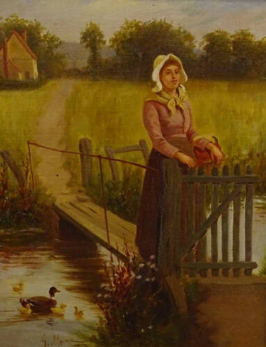 G. Moore (19thC/20thC). Maiden standing on a bridge, oil on board, signed, 44cm x 34cm.