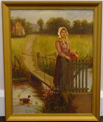 G. Moore (19thC/20thC). Maiden standing on a bridge, oil on board, signed, 44cm x 34cm. - 2