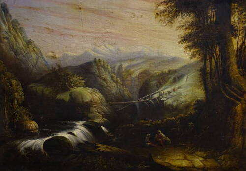 19thC/19th Continental School. Extensive landscape with waterfall, oil on canvas, 62cm x 86.5cm.