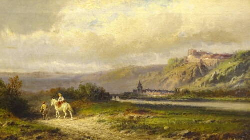 William Henry Cooper (1858-?). River landscape with horse and rider, oil on canvas, signed, 29cm x 54.5cm.