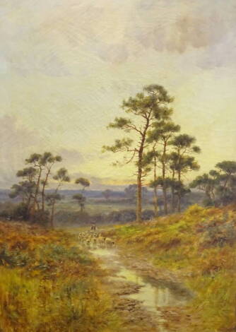 Walter Norfolk (19thC/20thC). Shepherd with sheep on woodland path, oil on canvas - pair, signed, 60cm x 39.5cm.