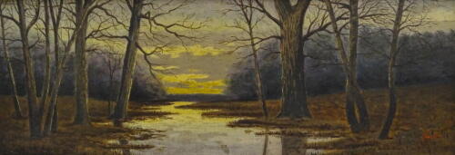 Henry Farrer (1843-1903). Woodland river scene, oil on board, signed, 12cm x 35cm.