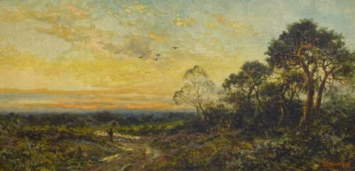 E.C. Hamblin (19thC/20thC). Rural landscape with shepherd and sheep, oil on canvas, signed, 29.6cm x 59.5cm.