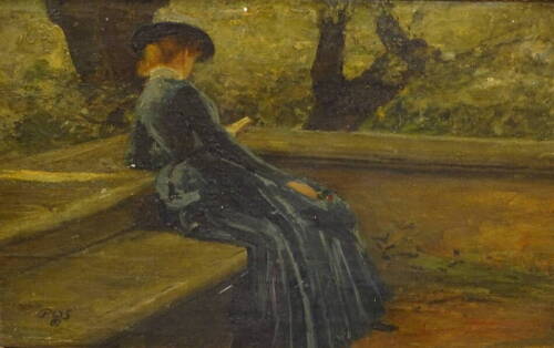 Phillip Wilson Steer (19thC/20thC). Lady in costume reading, seated on garden bench, oil on canvas, monogrammed and dated (19)07, 24.5cm x 37.5cm.