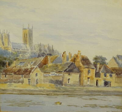 19thC/20thC British School. Riverside, Lincoln, watercolour, titled on mount, 16.5cm x 17cm.