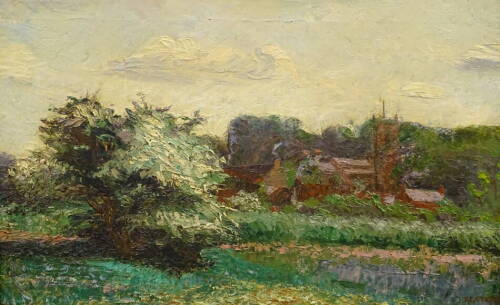 Thomas George Storey (1865-1935). Landscape with church, oil on canvas, signed, 19cm x 29cm.