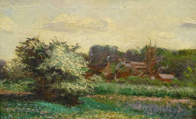 Thomas George Storey (1865-1935). Landscape with church, oil on canvas, signed, 19cm x 29cm.