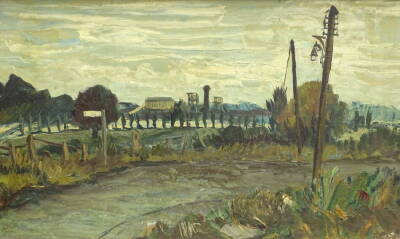 Noel Rowston Brannan (1921-2001). Industrial landscape, oil on board, 37cm x 61cm. Label verso W. Frank Gadsby, Lincoln.