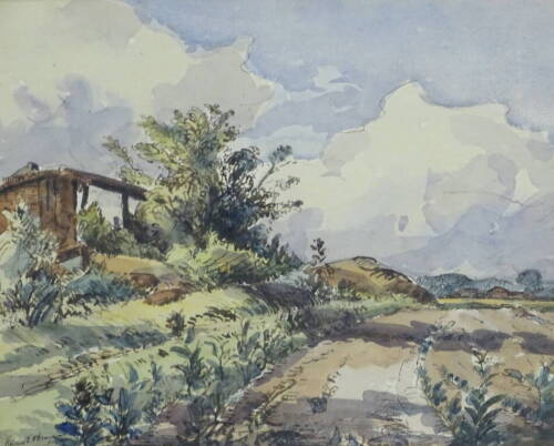 Edward Eaton Brannan (1886-1957). Country lane landscape, watercolour, signed, 29.5cm x 34cm.