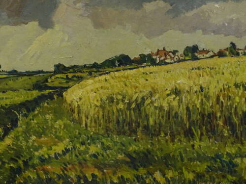 Edward Eaton Brannan (1886-1957). Growing Wheat, oil on board, signed and titled verso, 44cm x 58.5cm. Label verso New English Art Club.