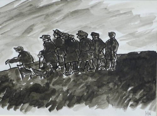 Kyffin Williams (1918-2006). Farmers with sheep dogs, watercolour, initialled, 19cm x 24cm.