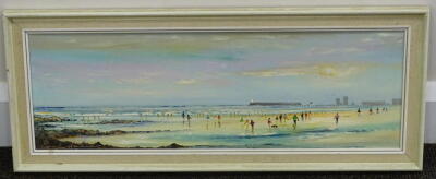 Emil Feisinal?. Beach scene with figures, oil on canvas, signed, 19cm x 58.5cm. - 2