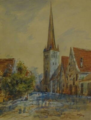 Kate Dorbin (1868-1955). Country Lane, watercolour, signed, 26cm x 27.5cm, and another continental church (2). - 2