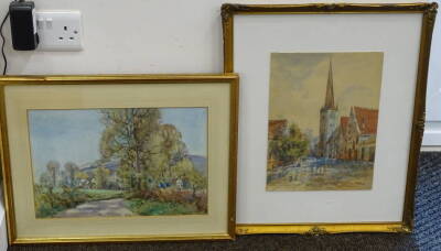 Kate Dorbin (1868-1955). Country Lane, watercolour, signed, 26cm x 27.5cm, and another continental church (2). - 3