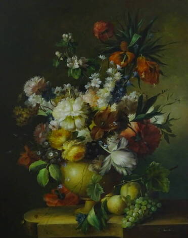 J Bera (?) (20thC). Classical floral still life, oil on panel, signed, 90cm x 70cm.