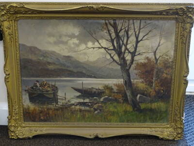 Ercole Magretti (1890-1967). Lake landscape, figure in a boat, oil on canvas, signed, 48cm x 67cm. - 2
