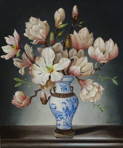Eustace Liscard (20thC). Blossoms in a Chinese vase, oil on board, signed, 49cm x 39cm.