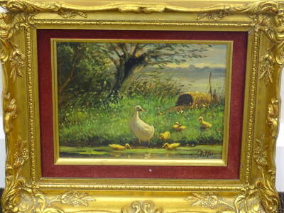 Johannes Schelfman (1903-?). Ducklings on the river bank, oil on board, signed, 18cm x 23cm. - 2