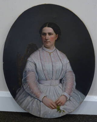 19thC School. Portrait of a woman, over painted photographic print, 63cm x 51cm. - 2