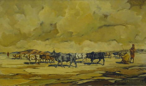 Michael O'Rorke (1895-1981). Landscape in the Masai Mara, Kenya, with Masai tribal figures and their cattle, oil on canvas and dated 1963, 44cm x 72cm, with book Brian O'Rorke - Policeman Artist.