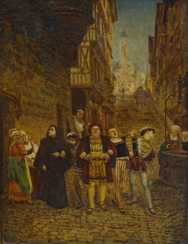 19thC School. Figures in a cobbled street, overpainted photographic print, 27cm x 19.5cm.