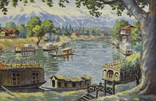 Dina Nath Walli (1908-2006). River Jehlum from the Bund, watercolour, signed, 25.5cm x 36cm. Artist label verso.