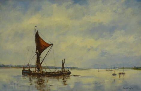 Ronald Crampton (1905-1985). Sail barge - Passing Orford Quay, oil on canvas, signed and titled verso, 49cm x 55cm.