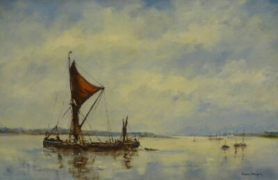 Ronald Crampton (1905-1985). Sail barge - Passing Orford Quay, oil on canvas, signed and titled verso, 49cm x 55cm.