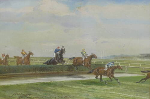 John Beer (1883-1915). The Water Jump, The Lancashire Handicap Steeplechase, Manchester 1910, further inscribed Springbok, Odor, The Duffrey, Bushido and Viz, pencil, watercolour and body colour, 25cm x 35cm.