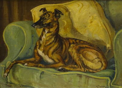 David Waller (b.1945). Seated hound on a chair, oil on board, 29cm x 40cm.