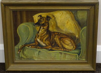 David Waller (b.1945). Seated hound on a chair, oil on board, 29cm x 40cm. - 2