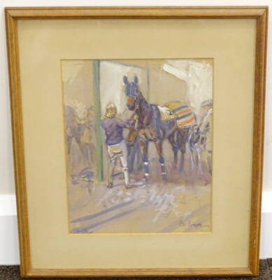 Peter Biegel (1913-1987). Saddling stalls at Newbury, watercolour, signed, 28cm x 22cm, label verso from the Tryon Gallery Limited. - 2