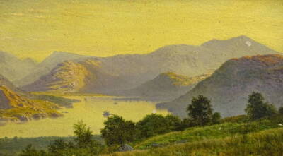 19thC School. Loch scene, oil on board, indistinct monogram, 14.5cm x 25.5cm.