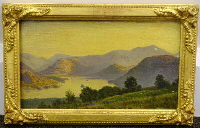 19thC School. Loch scene, oil on board, indistinct monogram, 14.5cm x 25.5cm. - 2