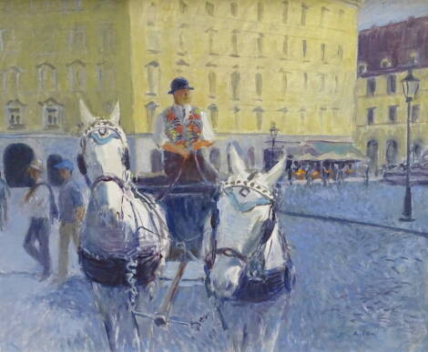 A. Tew (20thC). Horses and carriage in market square, oil on board, signed, 39cm x 49cm.