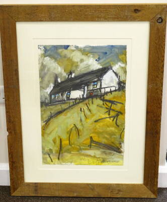 Sarah Hutton. Farm on the Moors, oil on paper, signed and titled verso, 57cm x 38cm. - 2