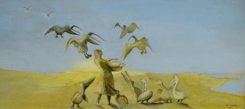 Adrian Dawnay. Feeding Pelicans, oil on board, signed and dated 1991, 45cm x 101cm.